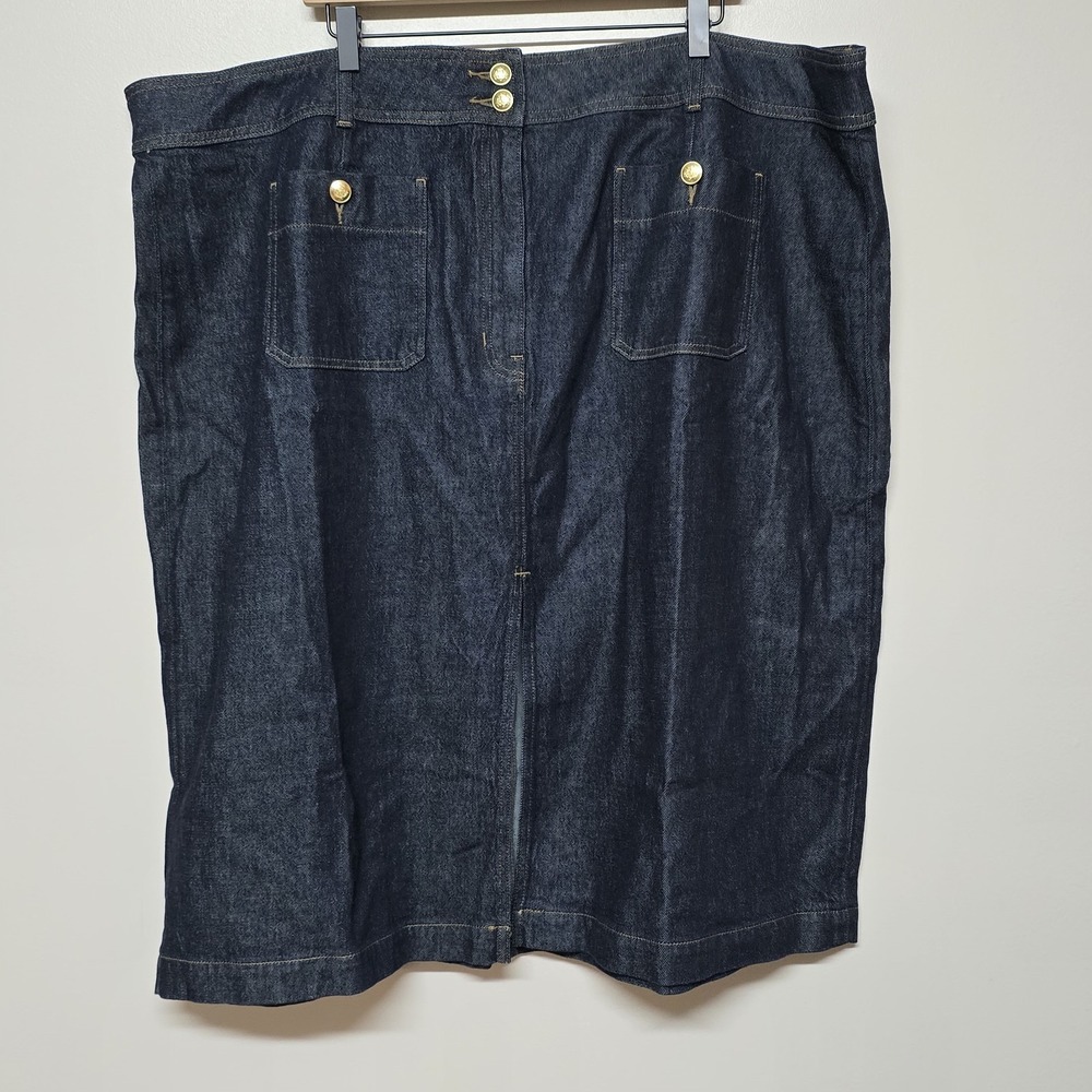 J.Crew Women's Denim Jean Skirt Size 24 Dark Wash Gold Button Pockets Midi NWT
